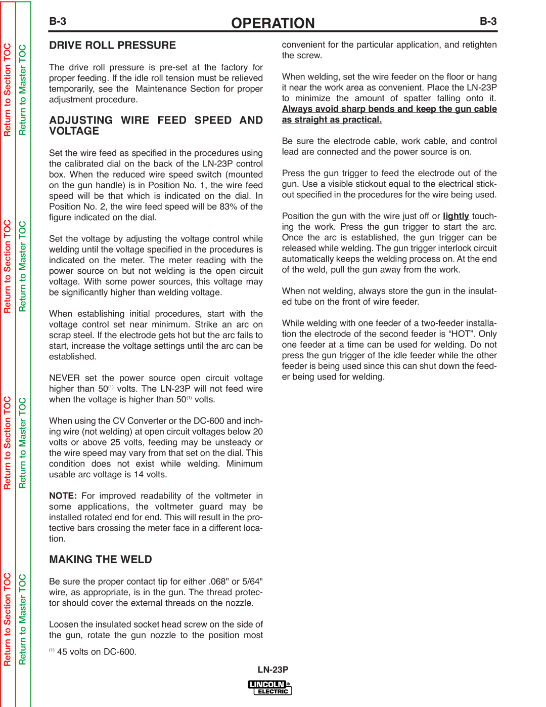 Lincoln Electric SVM176-A service manual Drive Roll Pressure, Adjusting Wire Feed Speed, Voltage, Making the Weld 