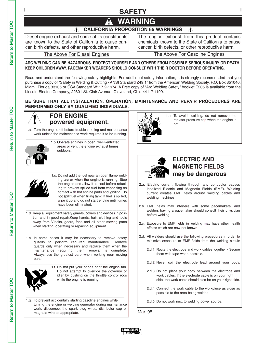 Lincoln Electric SVM176-A service manual Safety, For Engine, Powered equipment, Electric Magnetic Fields, May be dangerous 