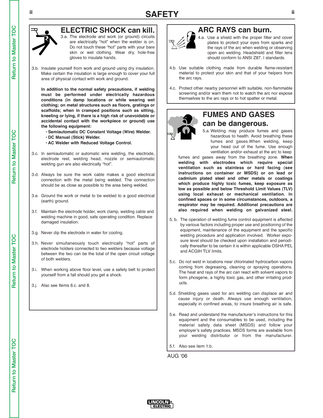 Lincoln Electric SVM176-A service manual Electric Shock can kill ARC Rays can burn, Fumes and Gases, Can be dangerous 