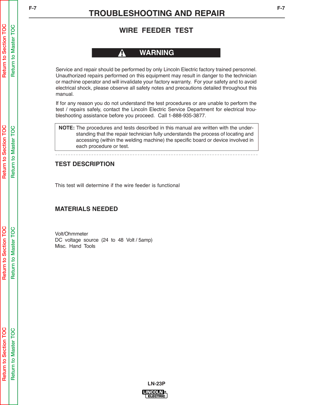 Lincoln Electric SVM176-A service manual Wire Feeder Test, Test Description, Materials Needed 