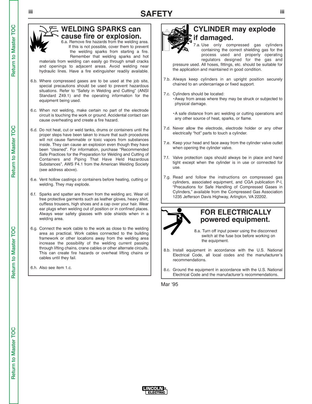 Lincoln Electric SVM176-A service manual Cylinder may explode, Cause fire or explosion If damaged, For Electrically, Iii 