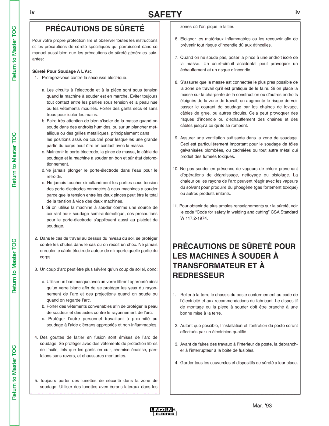 Lincoln Electric SVM176-A Précautions DE Sûreté Pour, LES Machines À Souder À, Transformateur ET À, Redresseur 