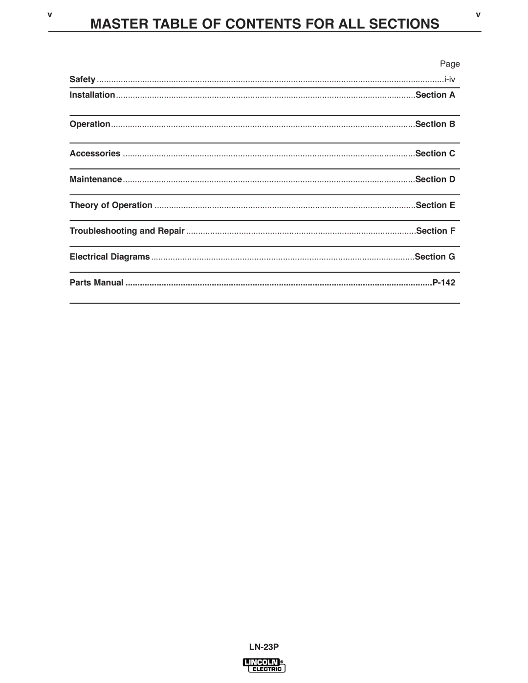 Lincoln Electric SVM176-A service manual Master Table of Contents for ALL Sections 