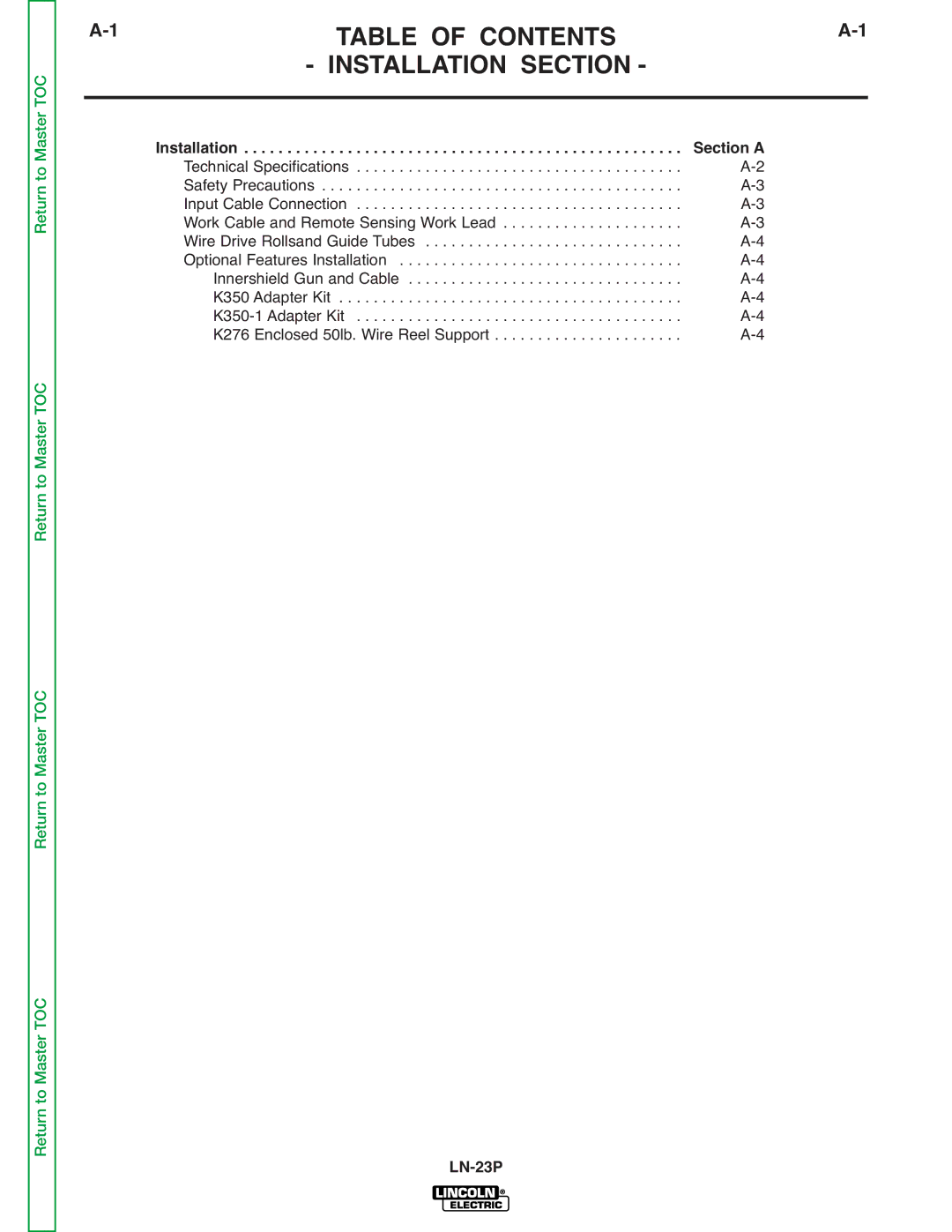 Lincoln Electric SVM176-A service manual Table of Contents Installation Section 