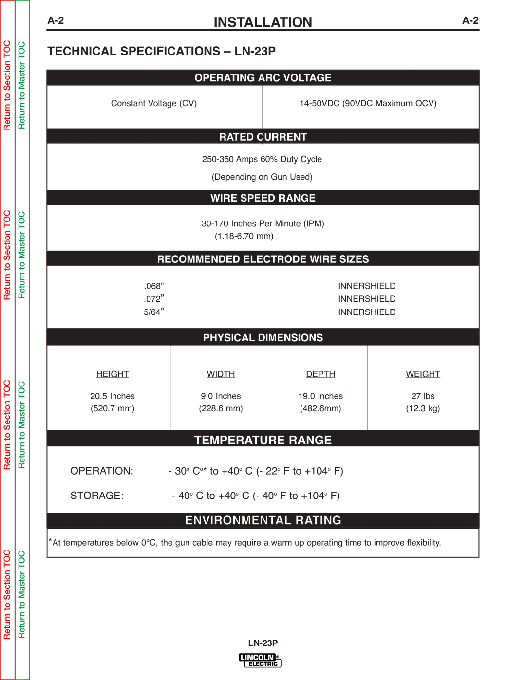 Lincoln Electric SVM176-A service manual Installation, Technical Specifications LN-23P, Environmental Rating 