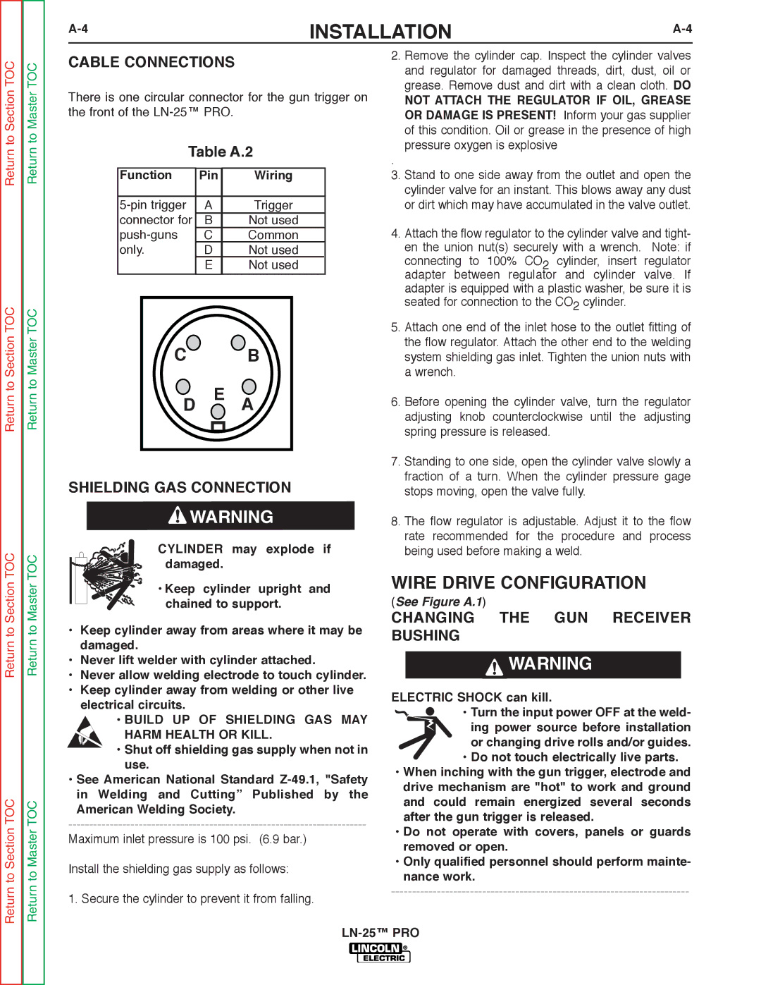 Lincoln Electric SVM179-B service manual Wire Drive Configuration, Cable Connections, Shielding GAS Connection 