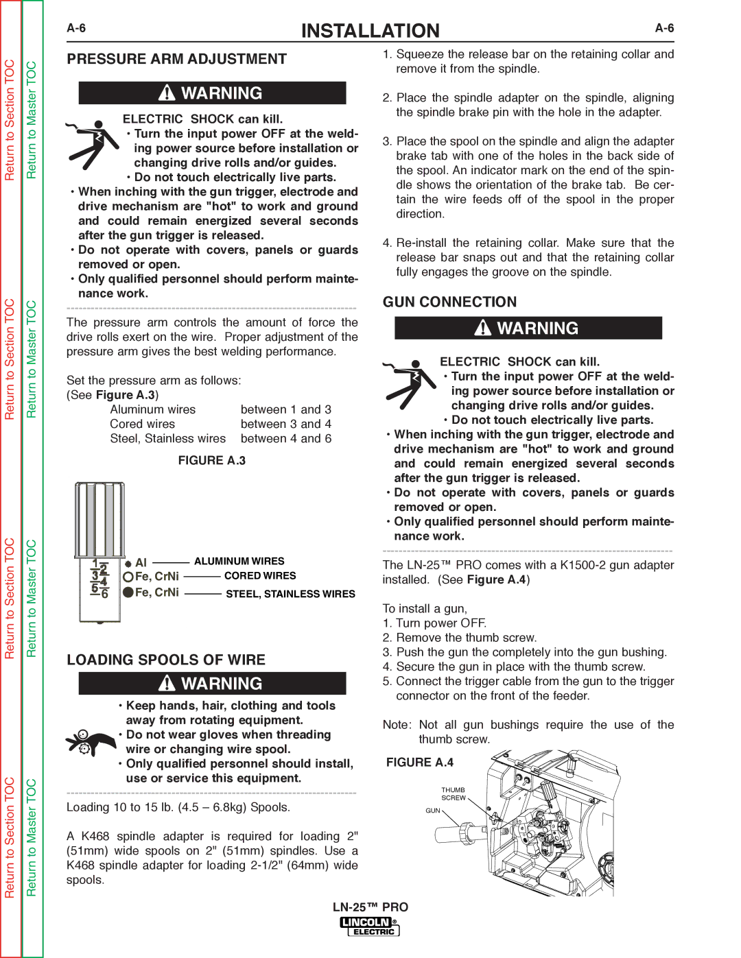 Lincoln Electric SVM179-B service manual Pressure ARM Adjustment, Loading Spools of Wire, GUN Connection 