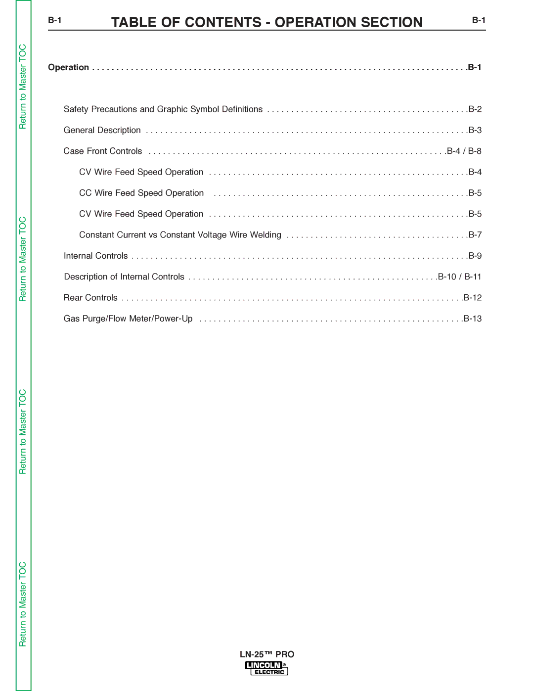 Lincoln Electric SVM179-B service manual Table of Contents Operation Section 