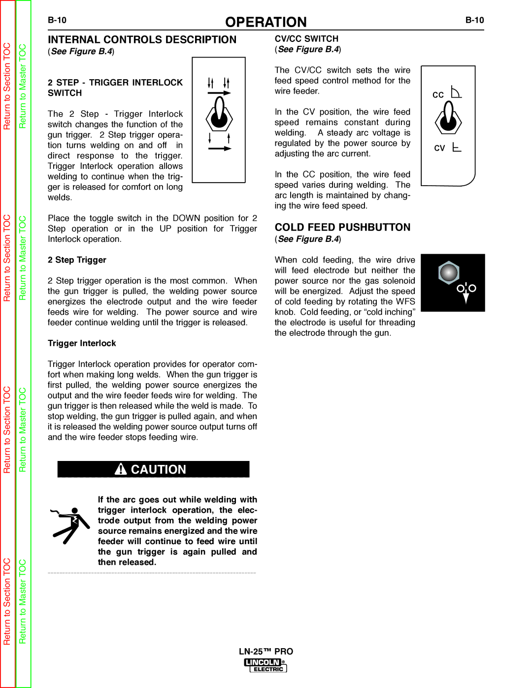 Lincoln Electric SVM179-B Internal Controls Description, Cold Feed Pushbutton, Step Trigger Interlock Switch, CV/CC Switch 