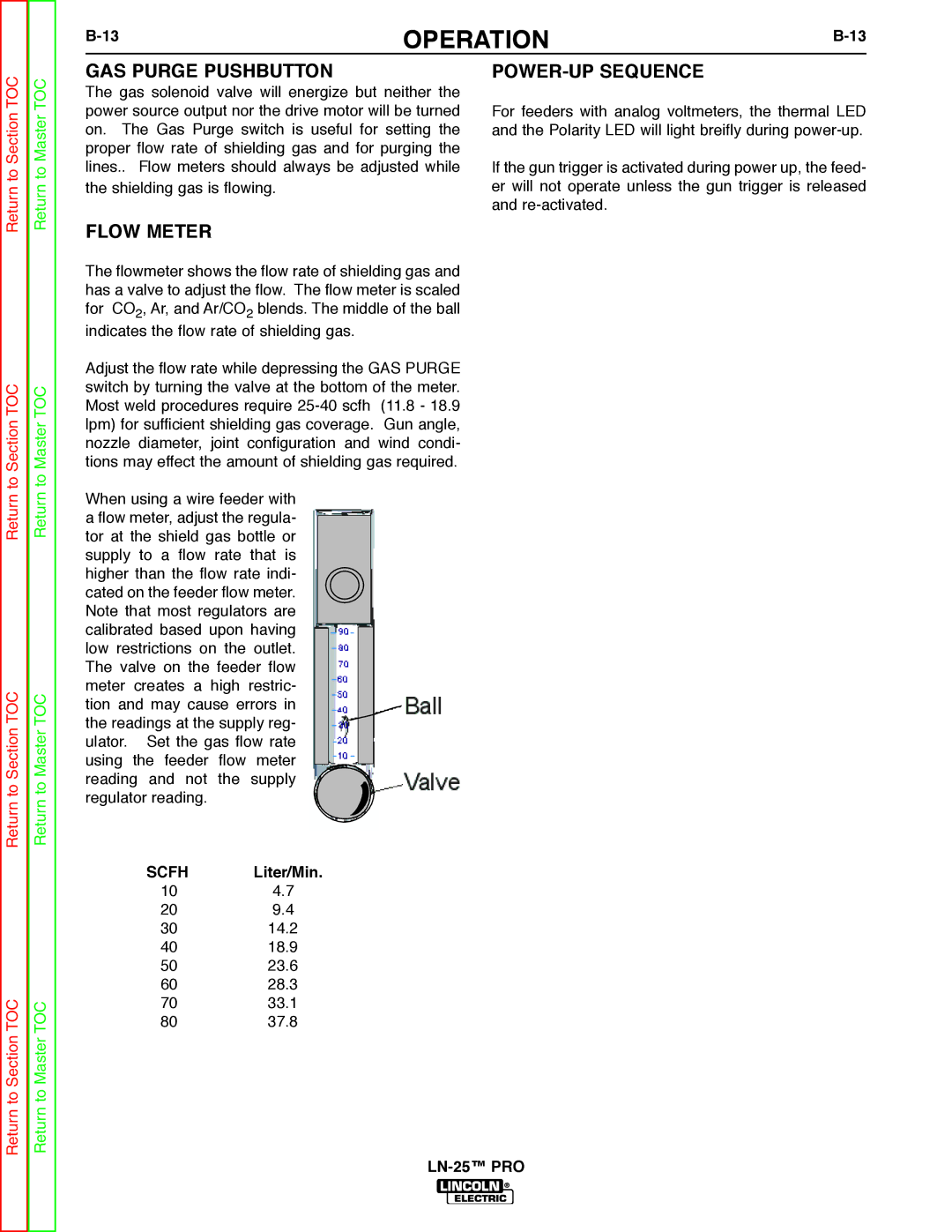 Lincoln Electric SVM179-B service manual GAS Purge Pushbutton, POWER-UP Sequence, Flow Meter, Scfh, Liter/Min 