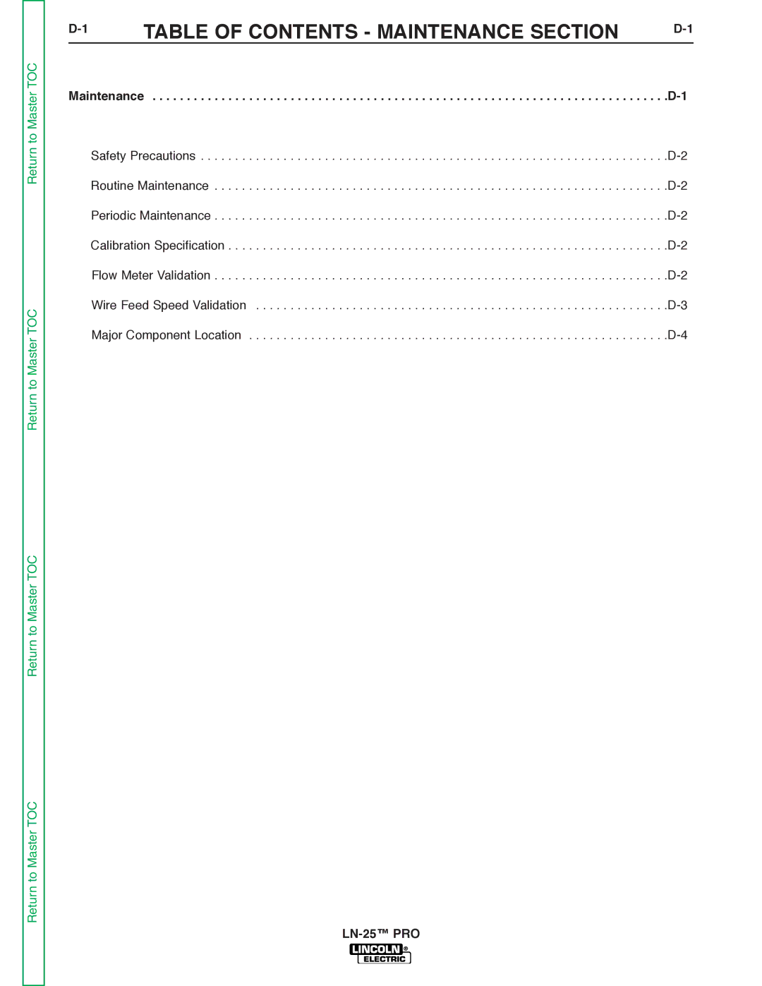 Lincoln Electric SVM179-B service manual Table of Contents Maintenance Section 