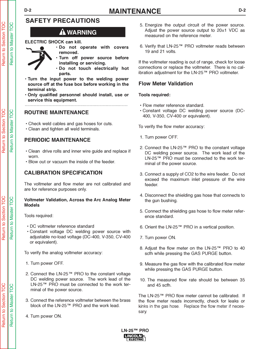 Lincoln Electric SVM179-B service manual Routine Maintenance, Periodic Maintenance, Calibration Specification 