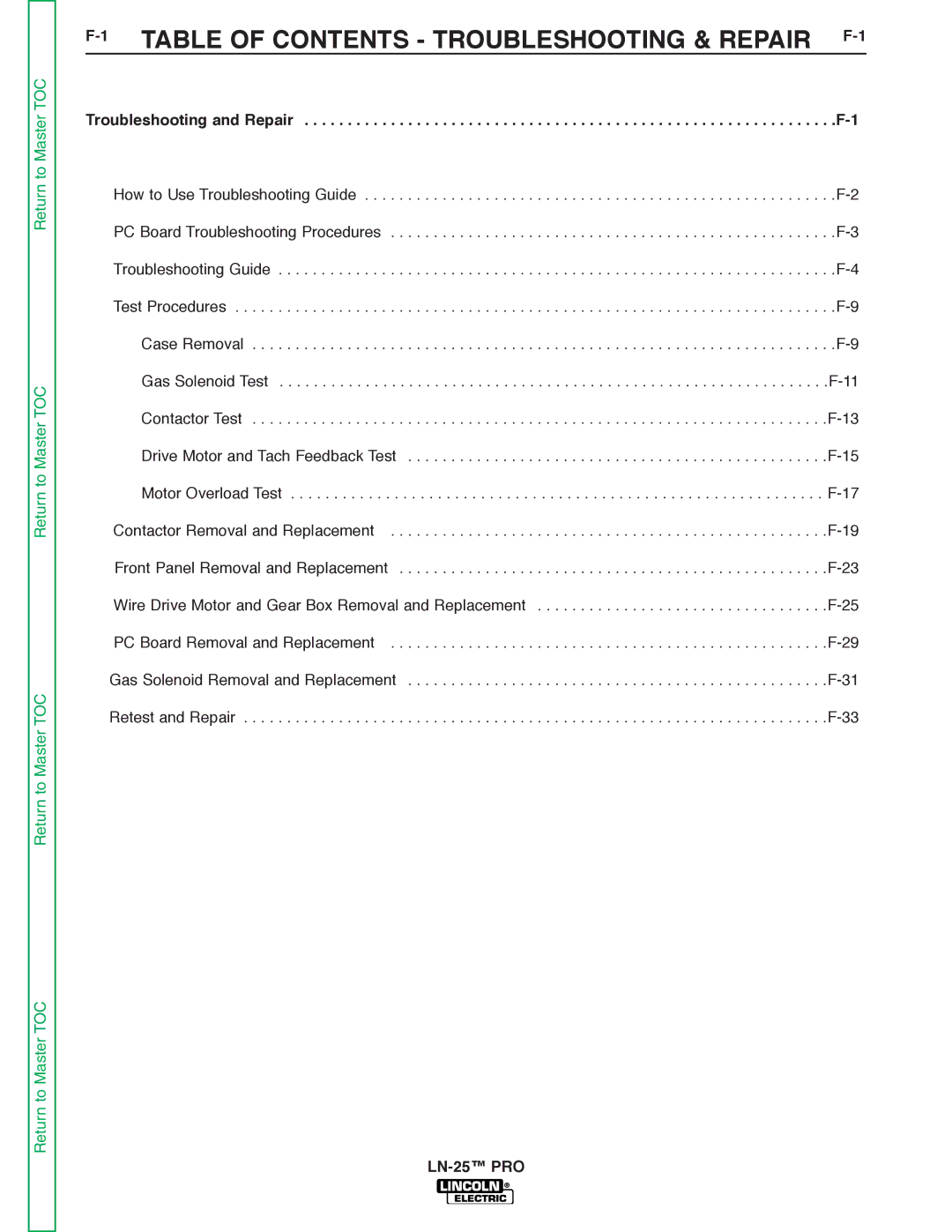 Lincoln Electric SVM179-B service manual Table of Contents Troubleshooting & Repair 