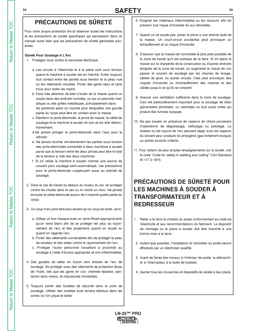 Lincoln Electric SVM179-B service manual Précautions DE Sûreté, Sûreté Pour Soudage a L’Arc 