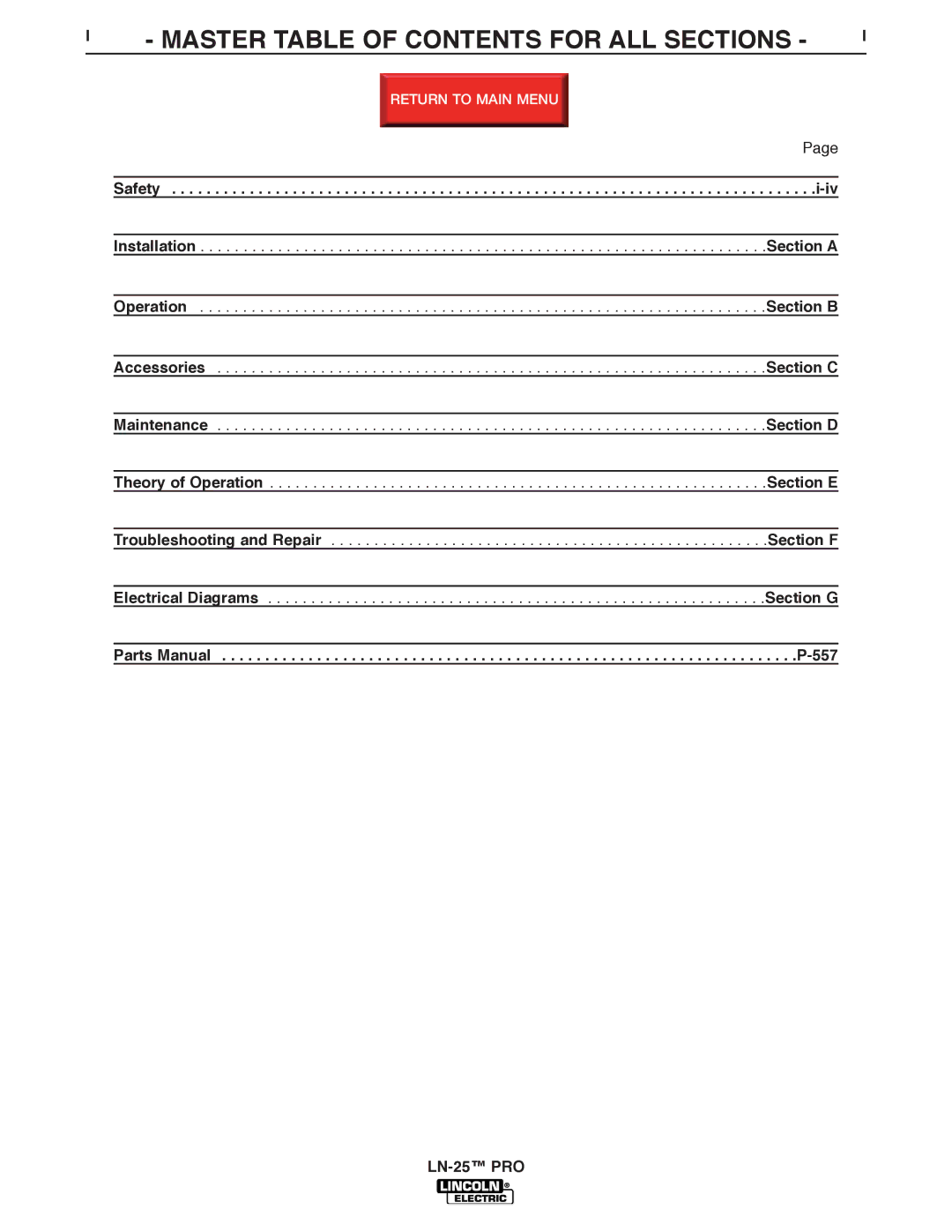 Lincoln Electric SVM179-B service manual Master Table of Contents for ALL Sections 