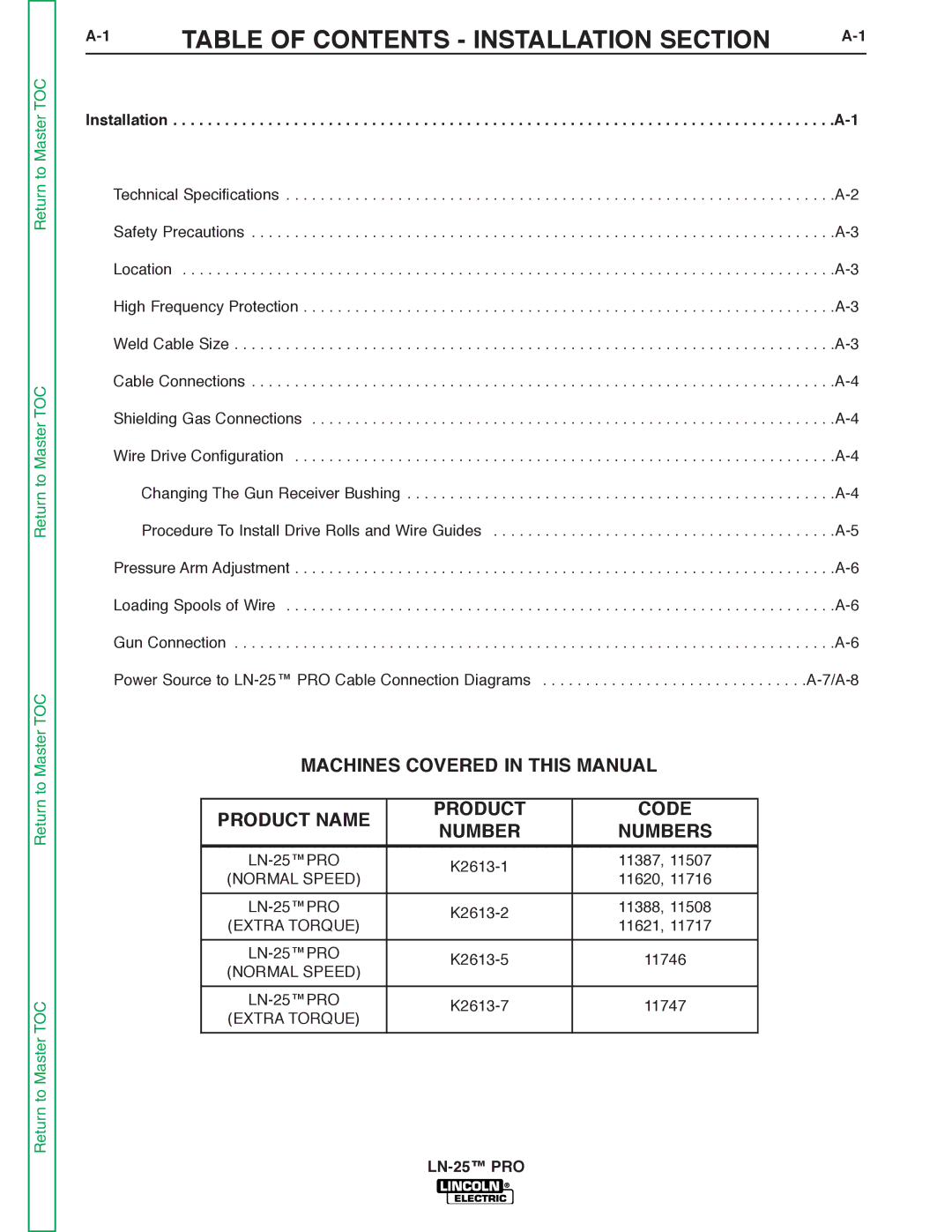 Lincoln Electric SVM179-B service manual Table of Contents Installation Section 