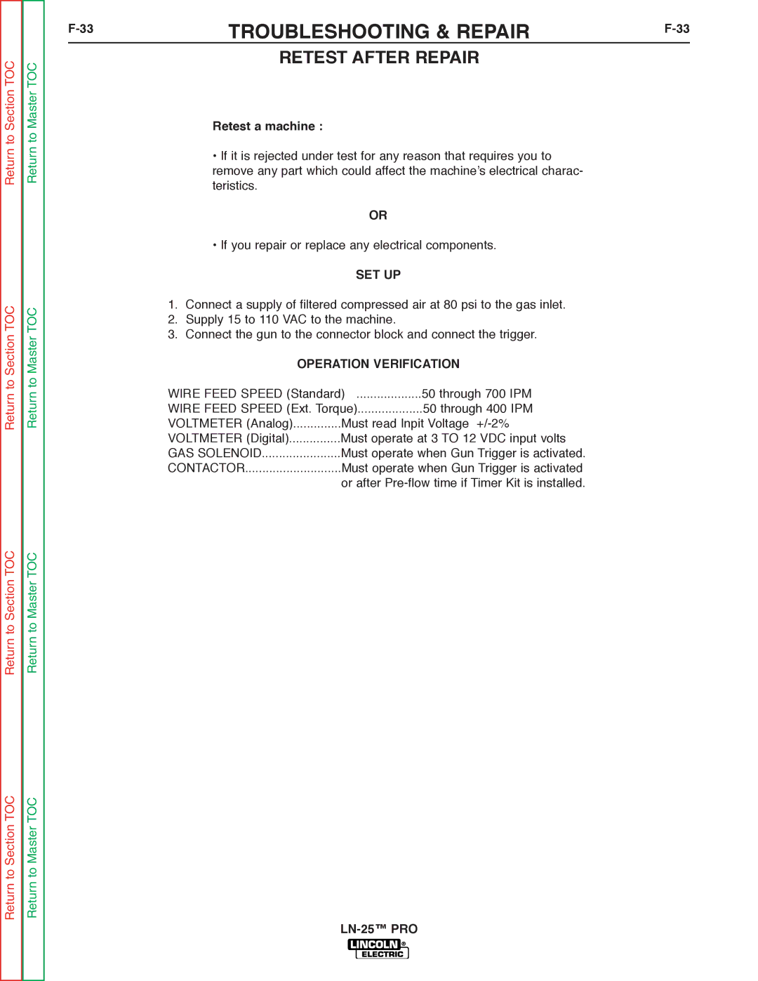 Lincoln Electric SVM179-B service manual Retest After Repair, Retest a machine, Set Up, Operation Verification 