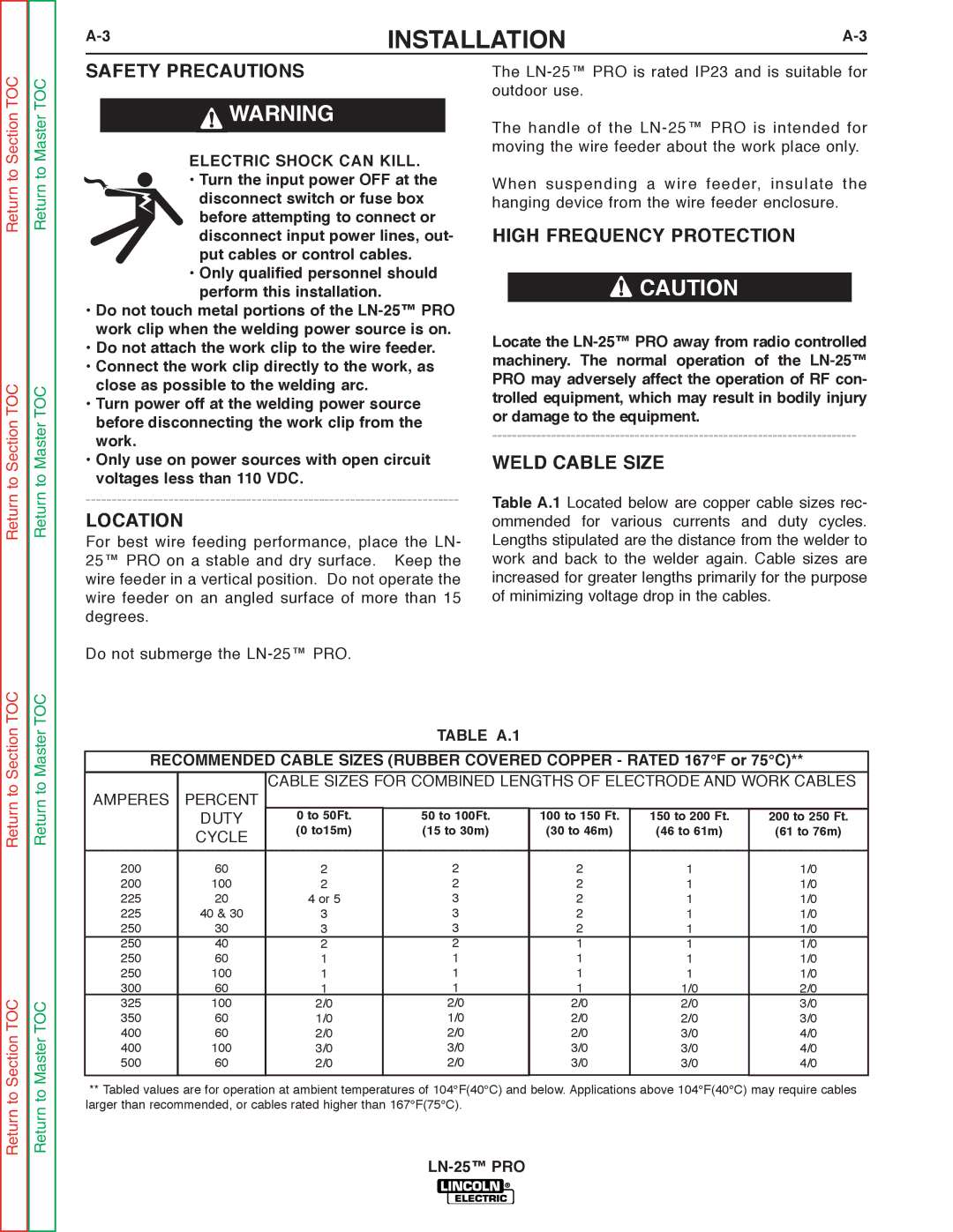 Lincoln Electric SVM179-B Safety Precautions, High Frequency Protection, Location, ELECTRIC SHOCK can Kill, Table A.1 