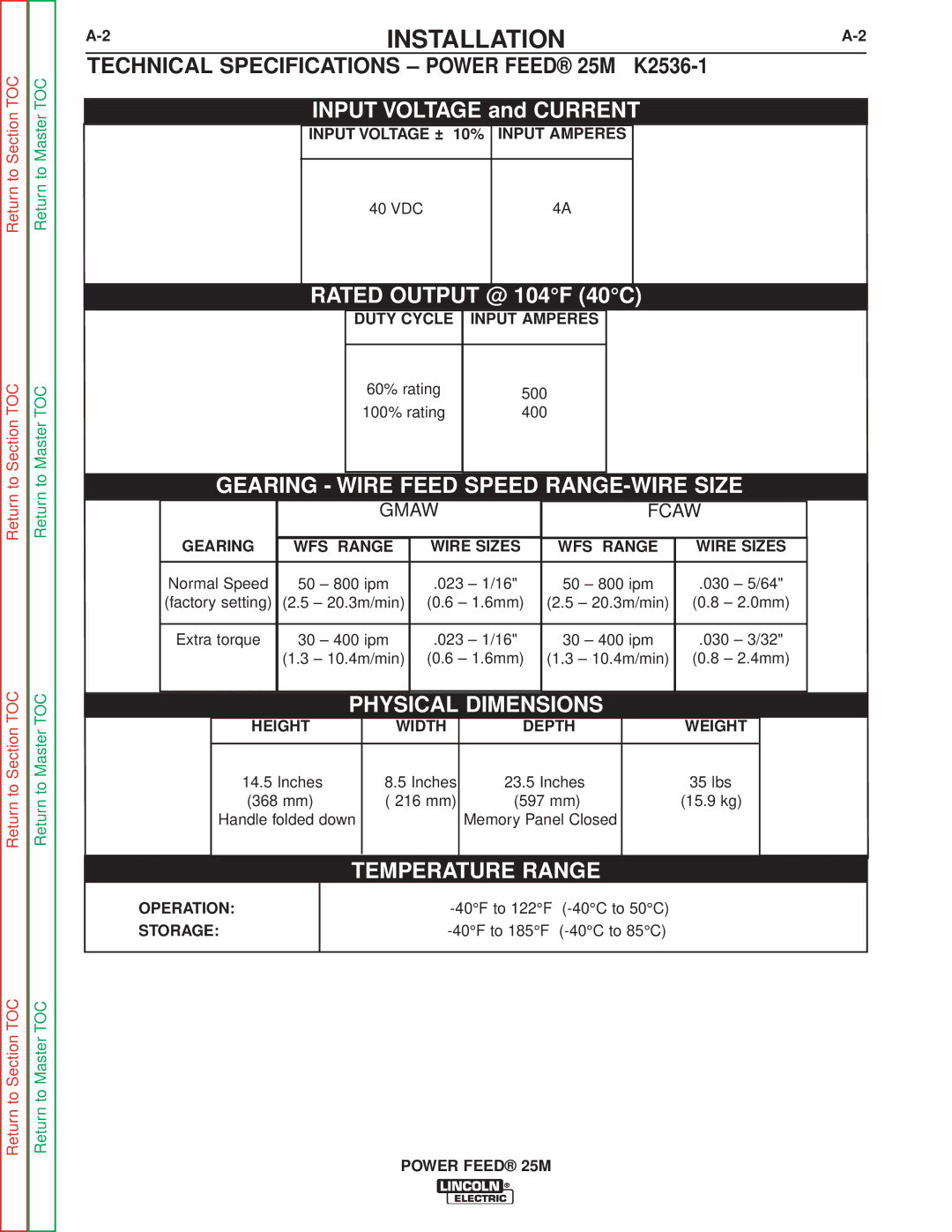 Lincoln Electric SVM185-A service manual Installation, Technical Specifications Power Feed 25M K2536-1 