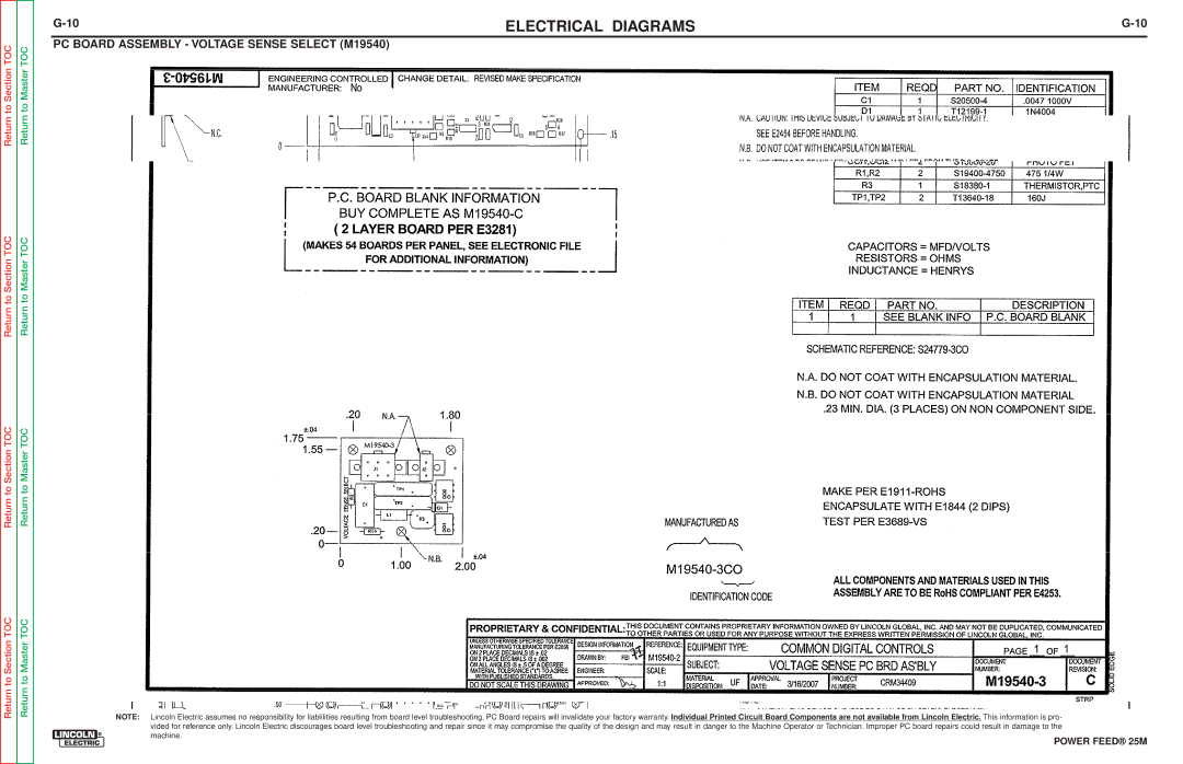 Lincoln Electric SVM185-A service manual PC Board Assembly Voltage Sense Select M19540 