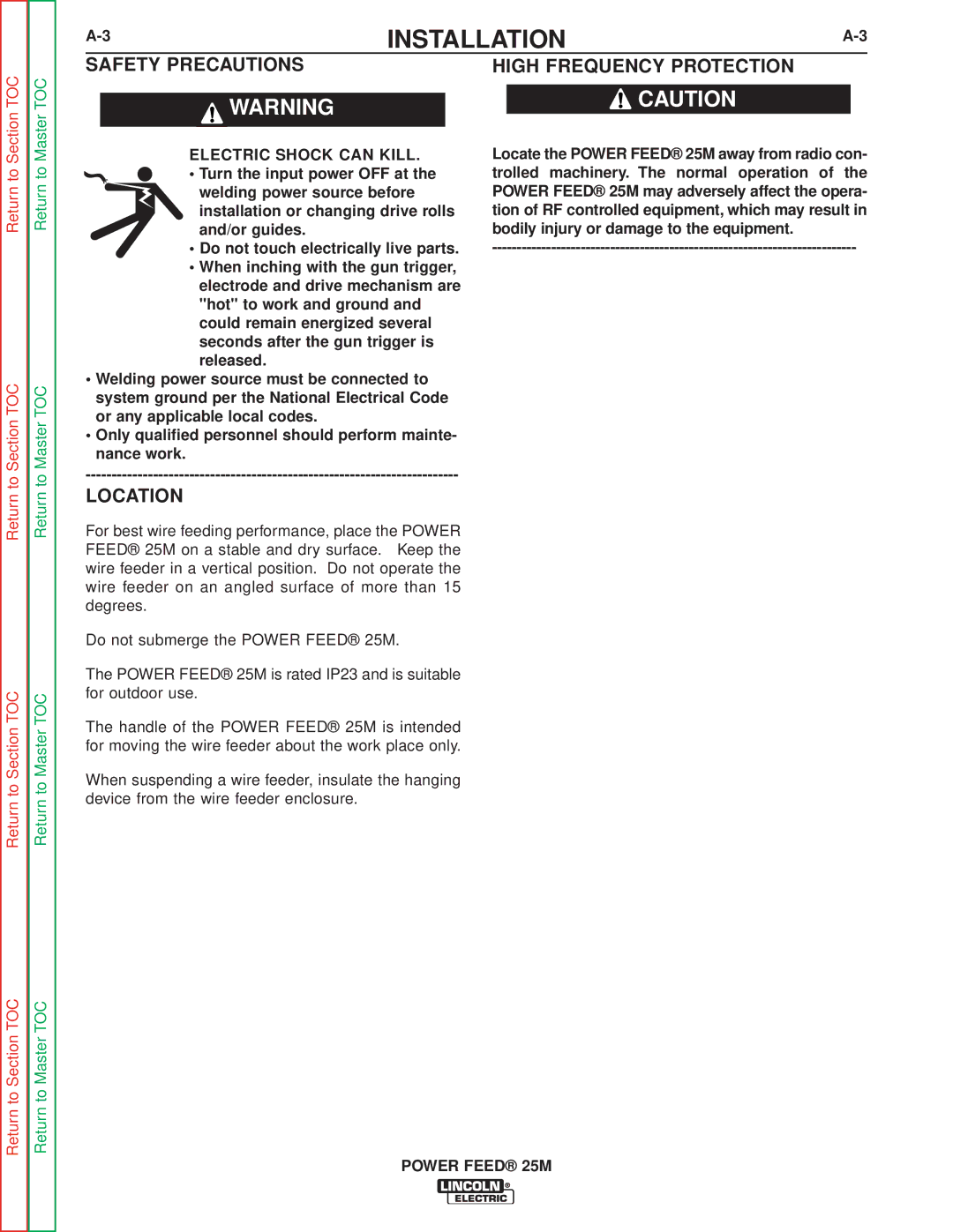 Lincoln Electric SVM185-A service manual Safety Precautions High Frequency Protection, Location, Electric Shock can Kill 