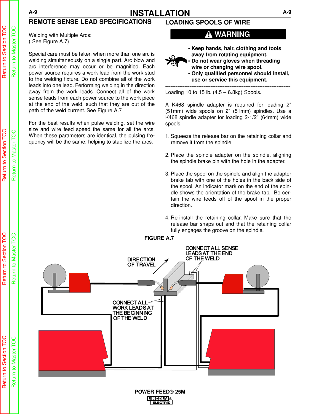 Lincoln Electric SVM185-A service manual Remote Sense Lead Specifications, Loading Spools of Wire 