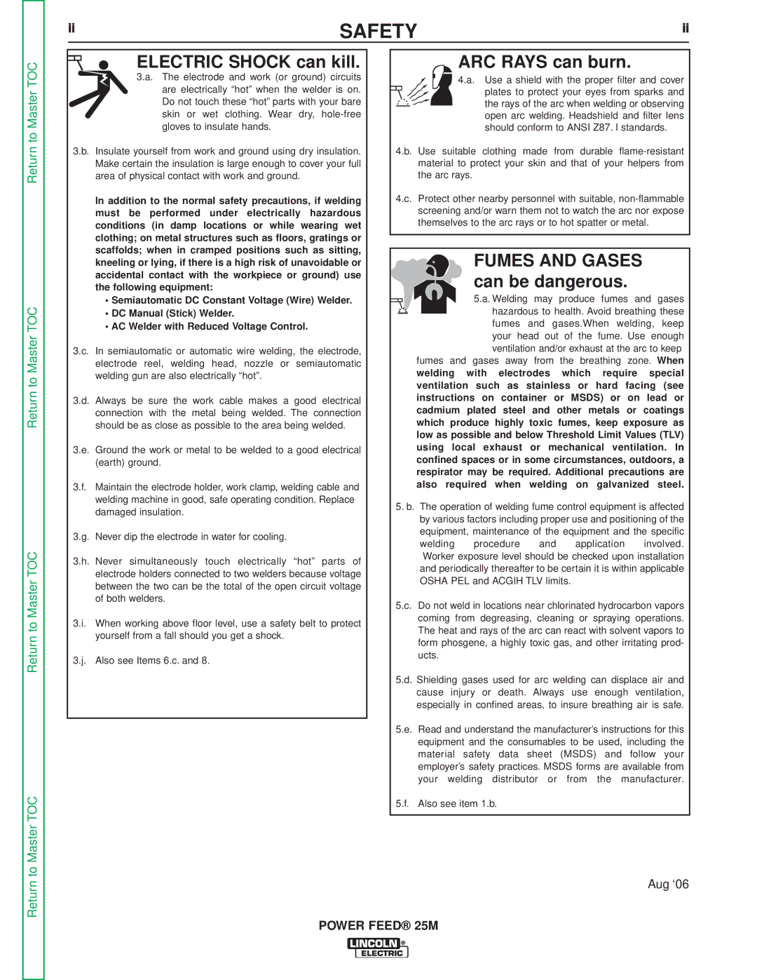 Lincoln Electric SVM185-A service manual Electric Shock can kill, Fumes and Gases 