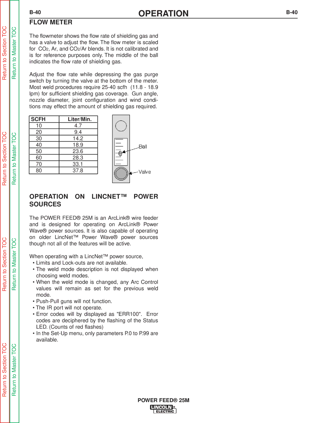 Lincoln Electric SVM185-A service manual Flow Meter, Operation on Lincnet Power Sources, Scfh, Liter/Min 