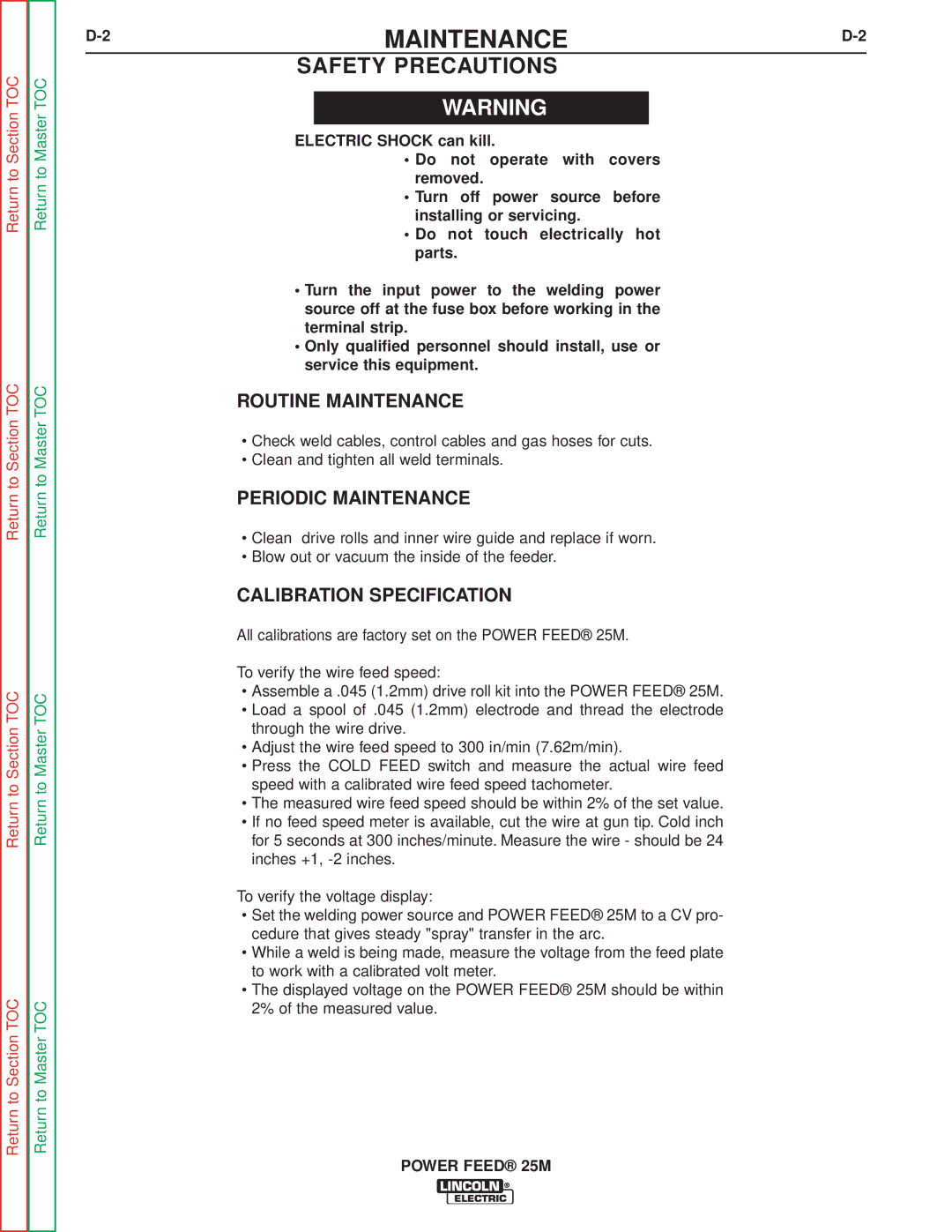 Lincoln Electric SVM185-A service manual Routine Maintenance, Periodic Maintenance, Calibration Specification 