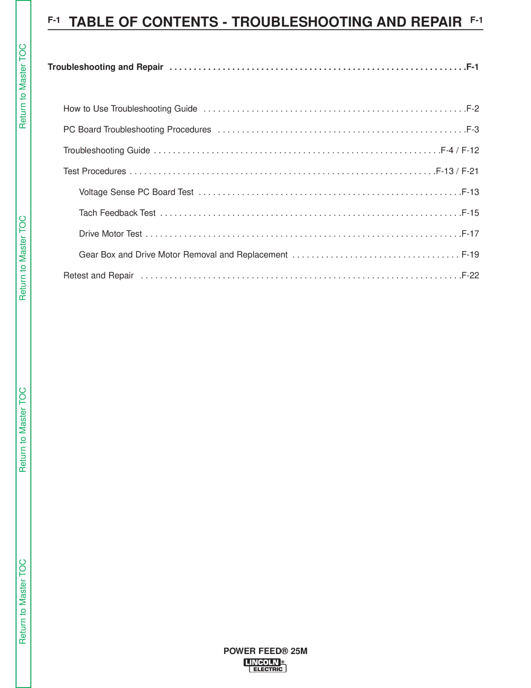 Lincoln Electric SVM185-A service manual 1TABLE of Contents Troubleshooting and Repair F-1 