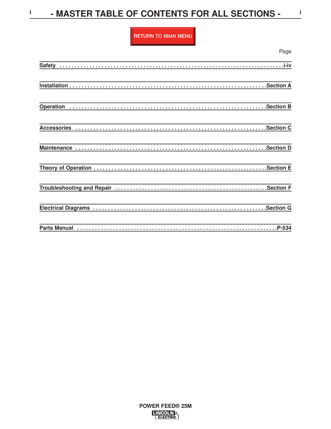 Lincoln Electric SVM185-A service manual Master Table of Contents for ALL Sections 