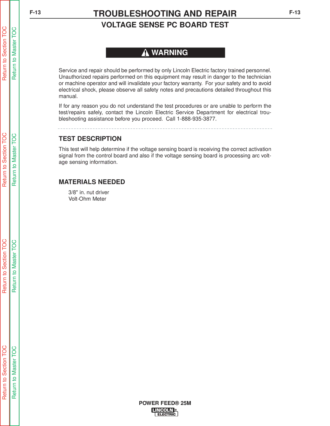 Lincoln Electric SVM185-A service manual Voltage Sense PC Board Test, Test Description, Materials Needed 