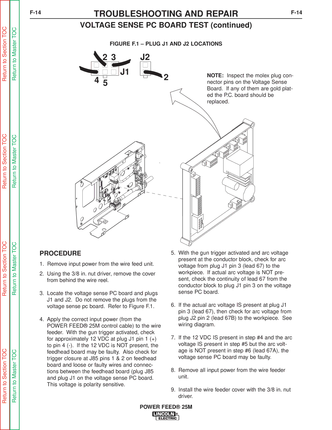 Lincoln Electric SVM185-A service manual Procedure, Figure F.1 Plug J1 and J2 Locations 