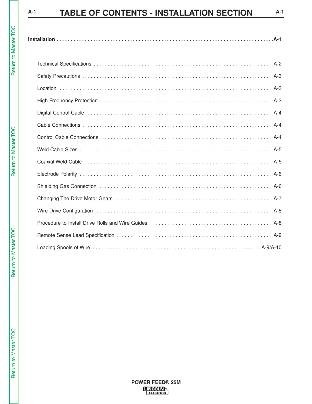 Lincoln Electric SVM185-A service manual Table of Contents Installation Section 