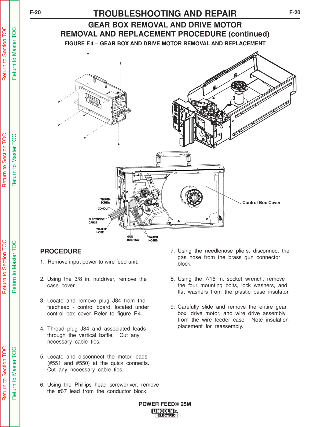 Lincoln Electric SVM185-A Gear BOX Removal and Drive Motor, Figure F.4 Gear BOX and Drive Motor Removal and Replacement 