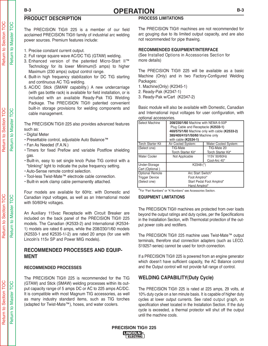 Lincoln Electric SVM186-A service manual Product Description, Recommended Processes and EQUIP- Ment 