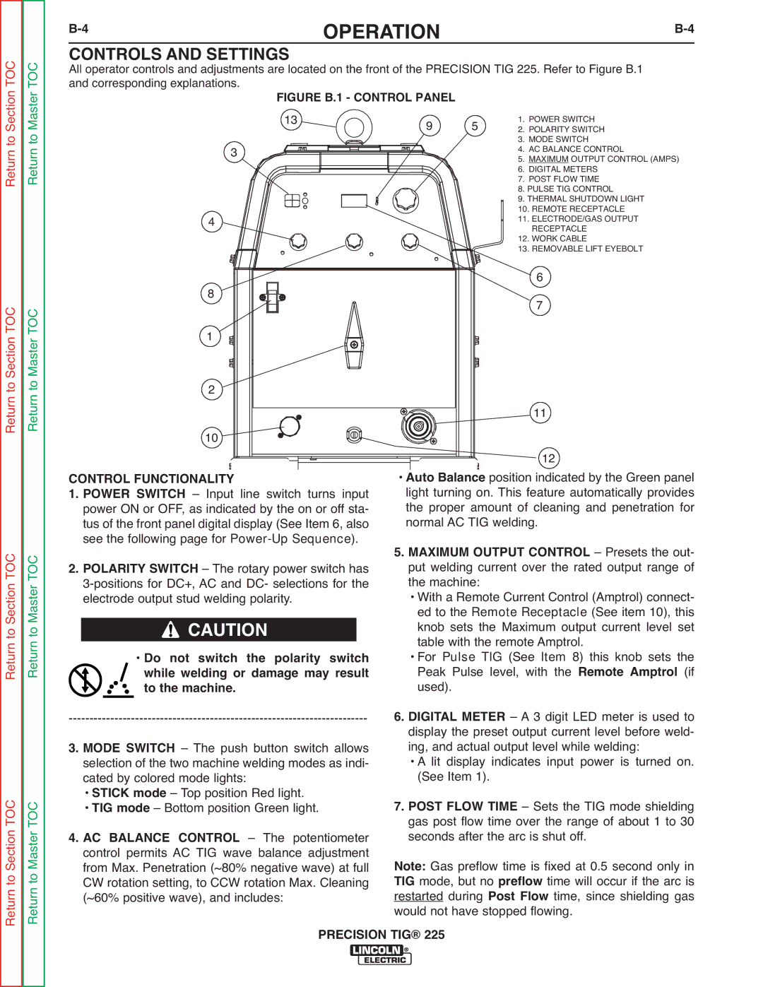 Lincoln Electric SVM186-A service manual Figure B.1 Control Panel, Control Functionality 