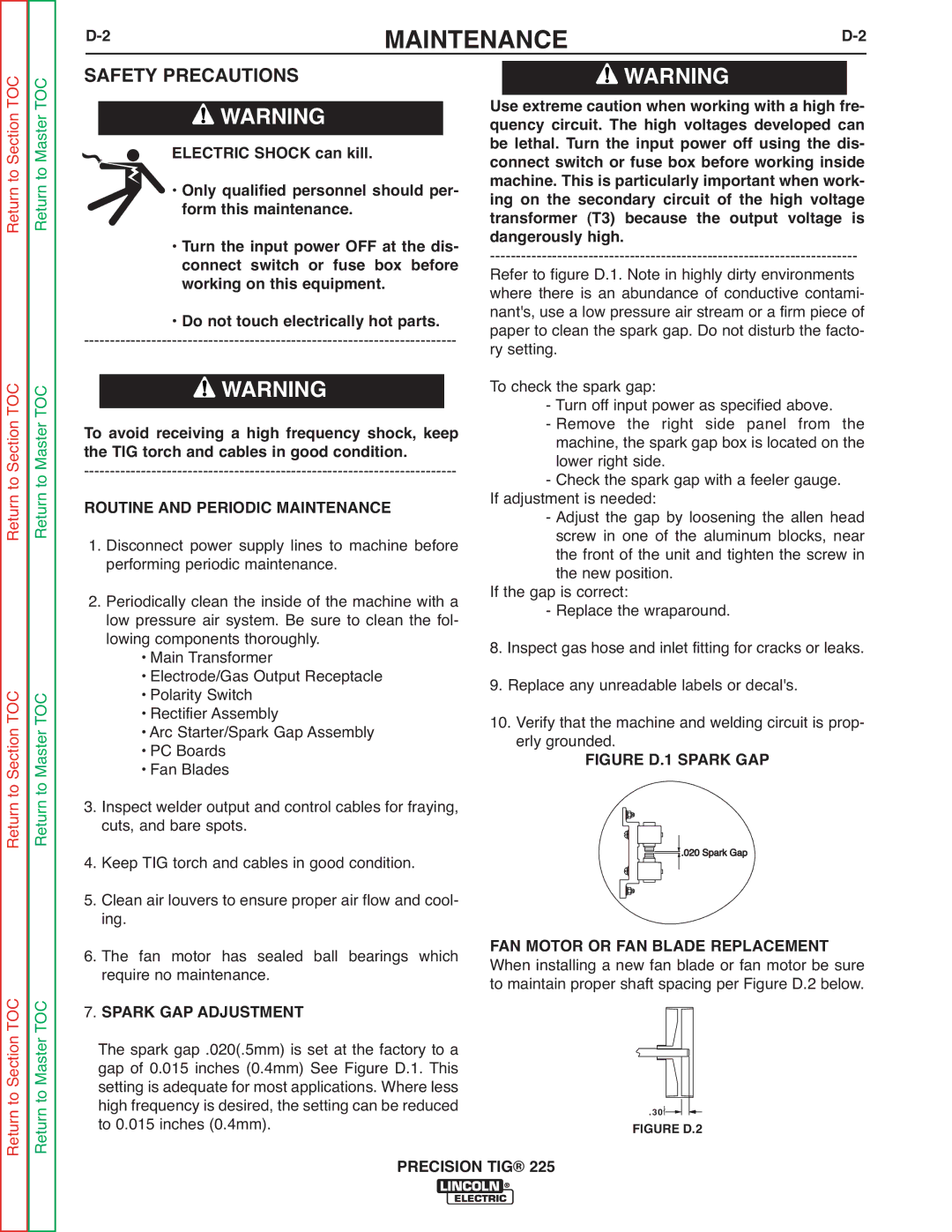 Lincoln Electric SVM186-A service manual Safety Precautions, Routine and Periodic Maintenance, Spark GAP Adjustment 