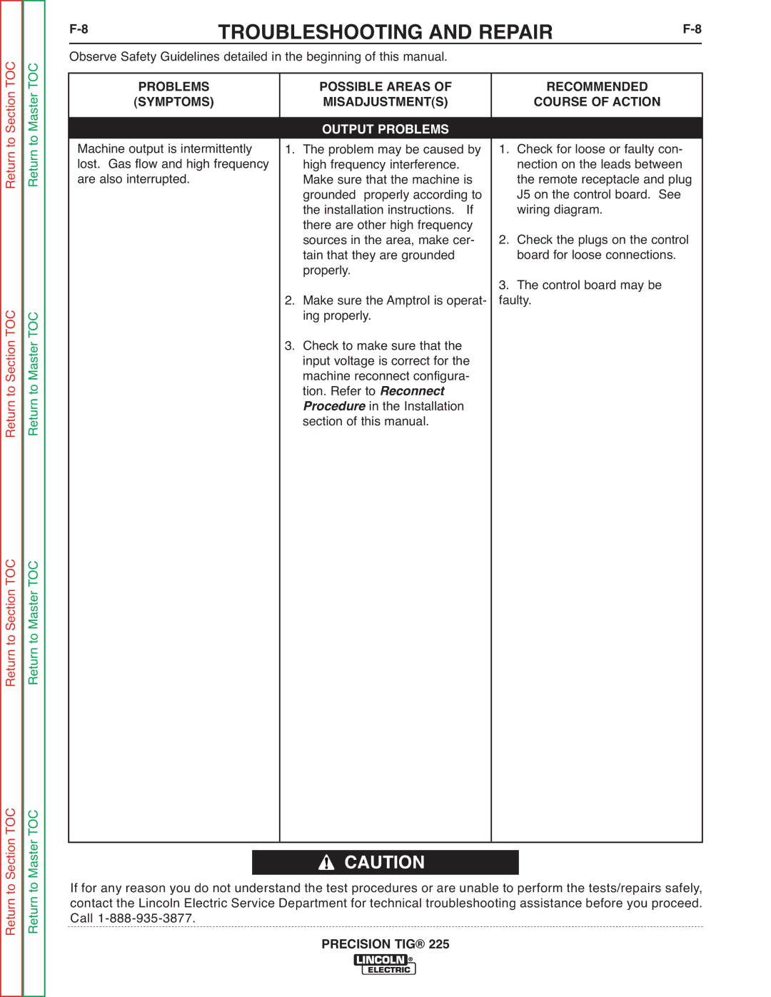 Lincoln Electric SVM186-A service manual Problems Symptoms, Possible Areas Misadjustments, Recommended Course of Action 