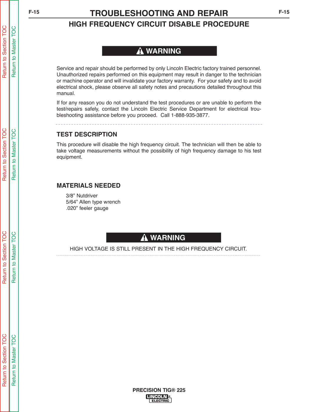 Lincoln Electric SVM186-A service manual High Frequency Circuit Disable Procedure, Test Description, Materials Needed 