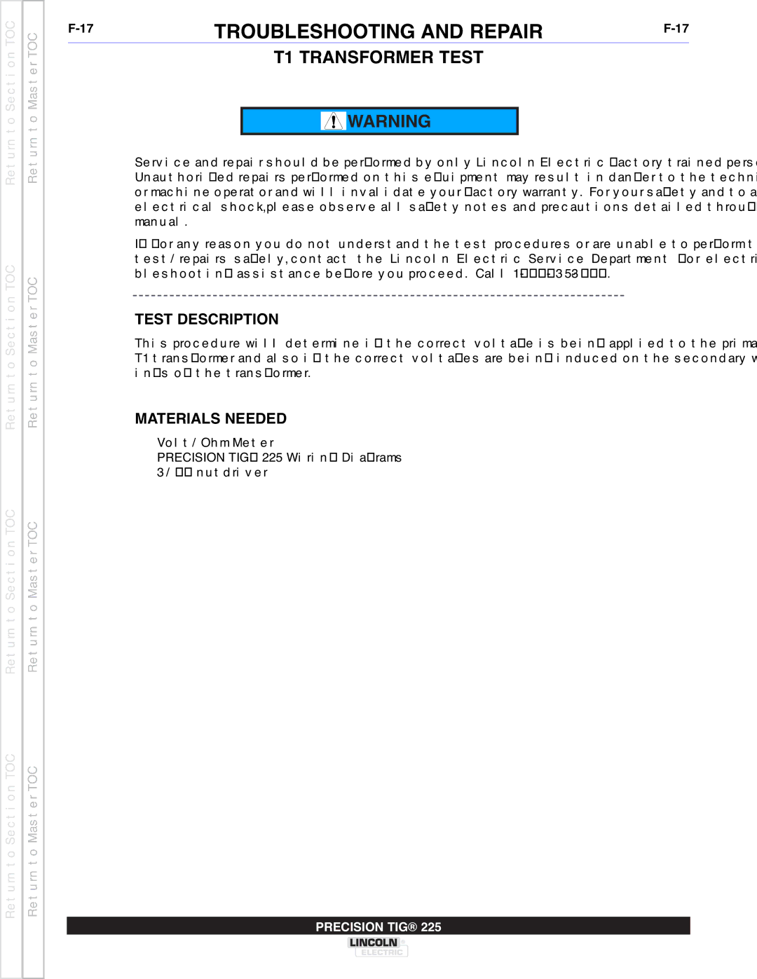 Lincoln Electric SVM186-A service manual T1 Transformer Test 