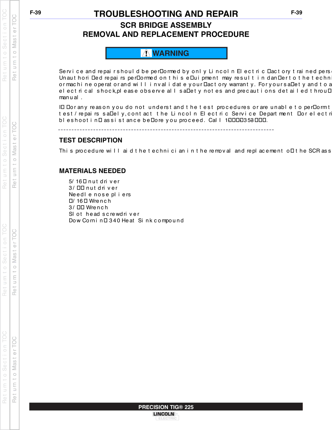 Lincoln Electric SVM186-A service manual SCR Bridge Assembly Removal and Replacement Procedure, Test Description 