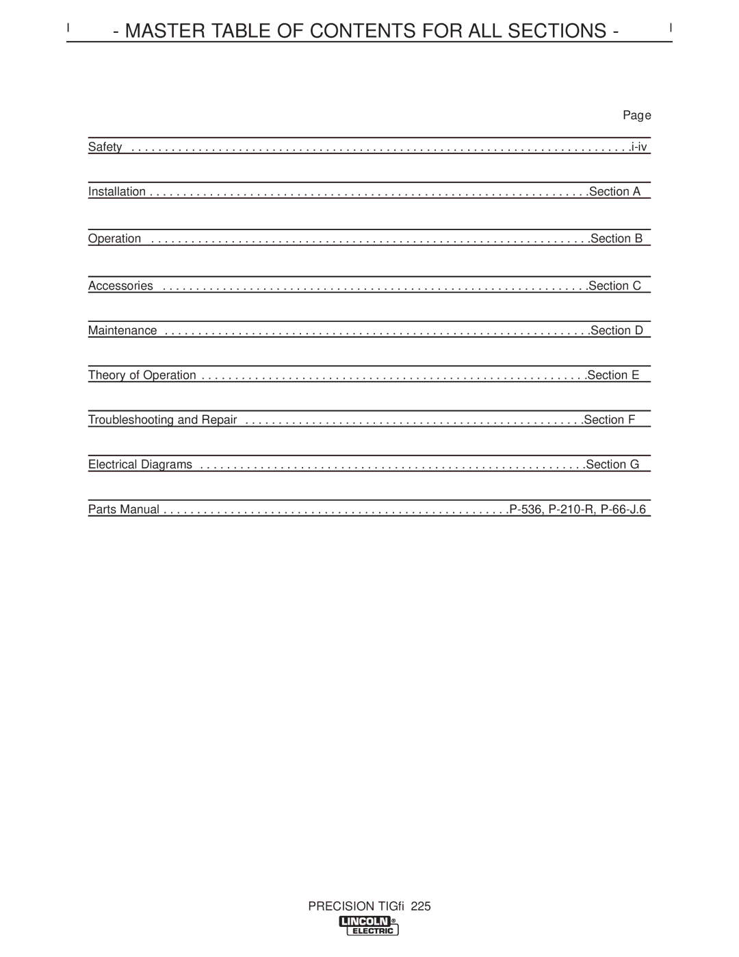 Lincoln Electric SVM186-A service manual Master Table of Contents for ALL Sections 