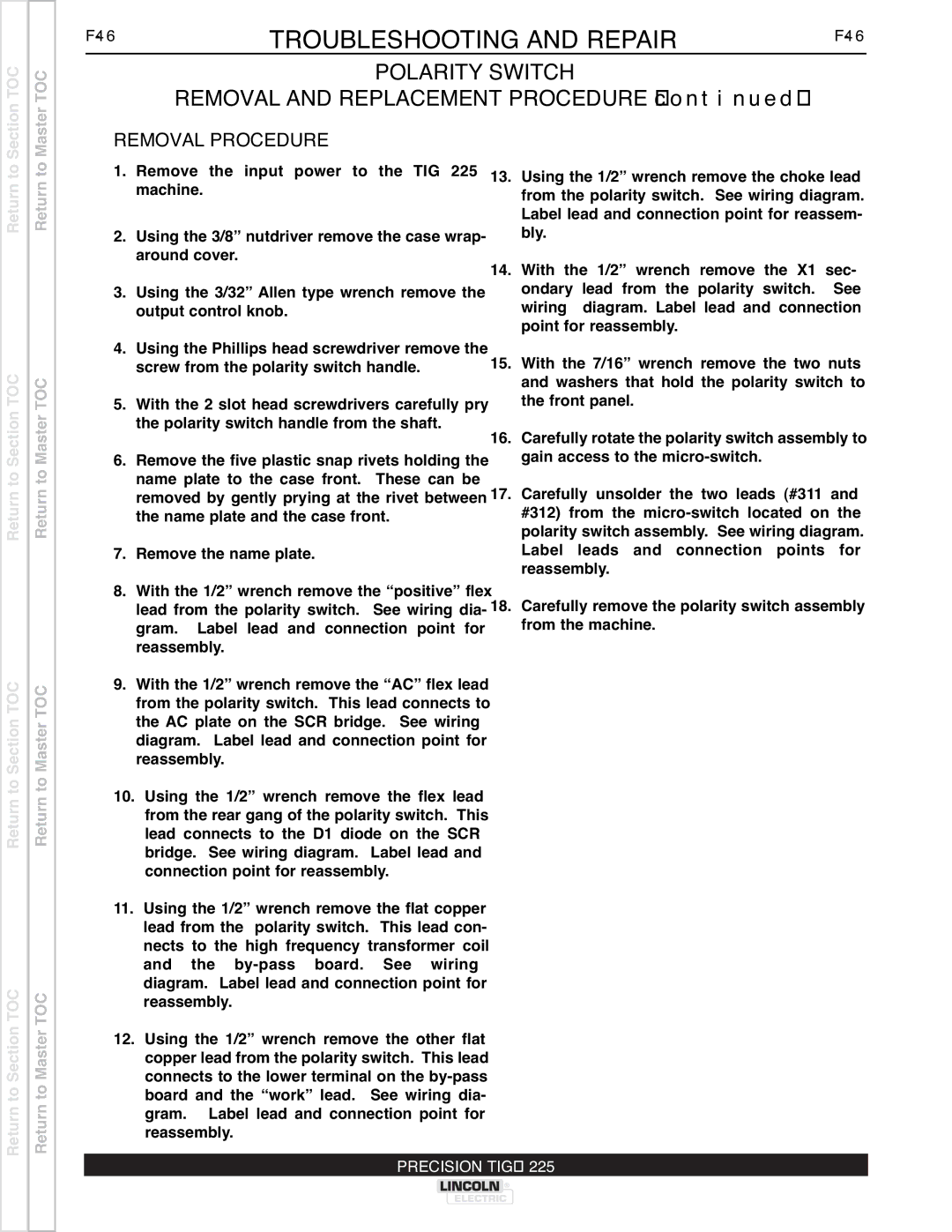 Lincoln Electric SVM186-A service manual Polarity Switch, Removal Procedure 