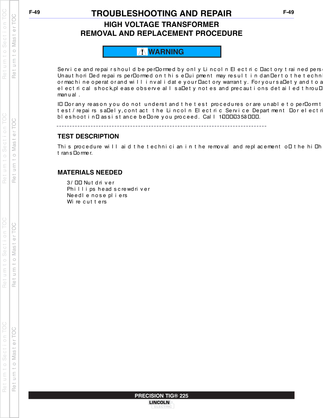 Lincoln Electric SVM186-A service manual High Voltage Transformer Removal and Replacement Procedure, Test Description 