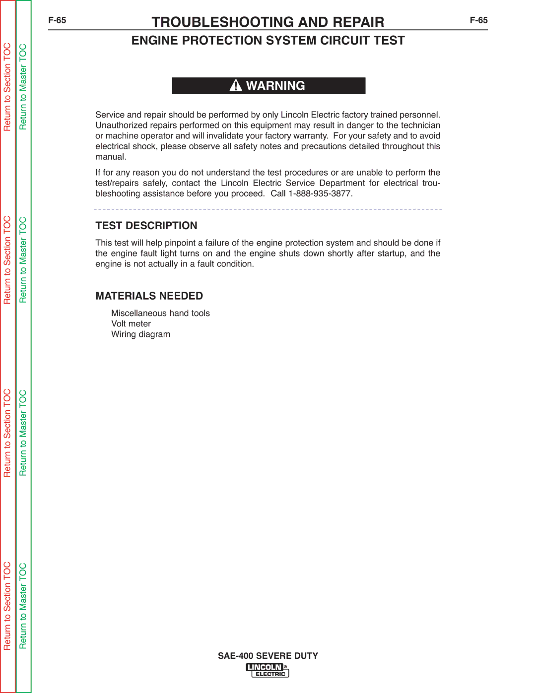 Lincoln Electric SVM187-A service manual Engine Protection System Circuit Test, Test Description 