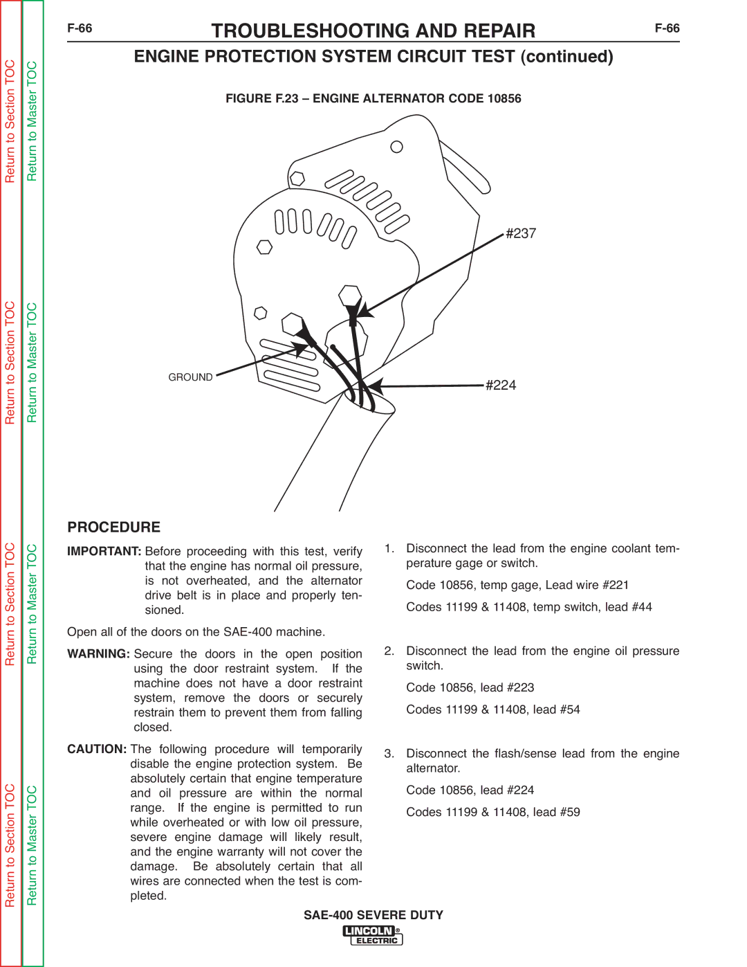 Lincoln Electric SVM187-A service manual 66TROUBLESHOOTING and Repair F-66, Engine Protection System Circuit Test 