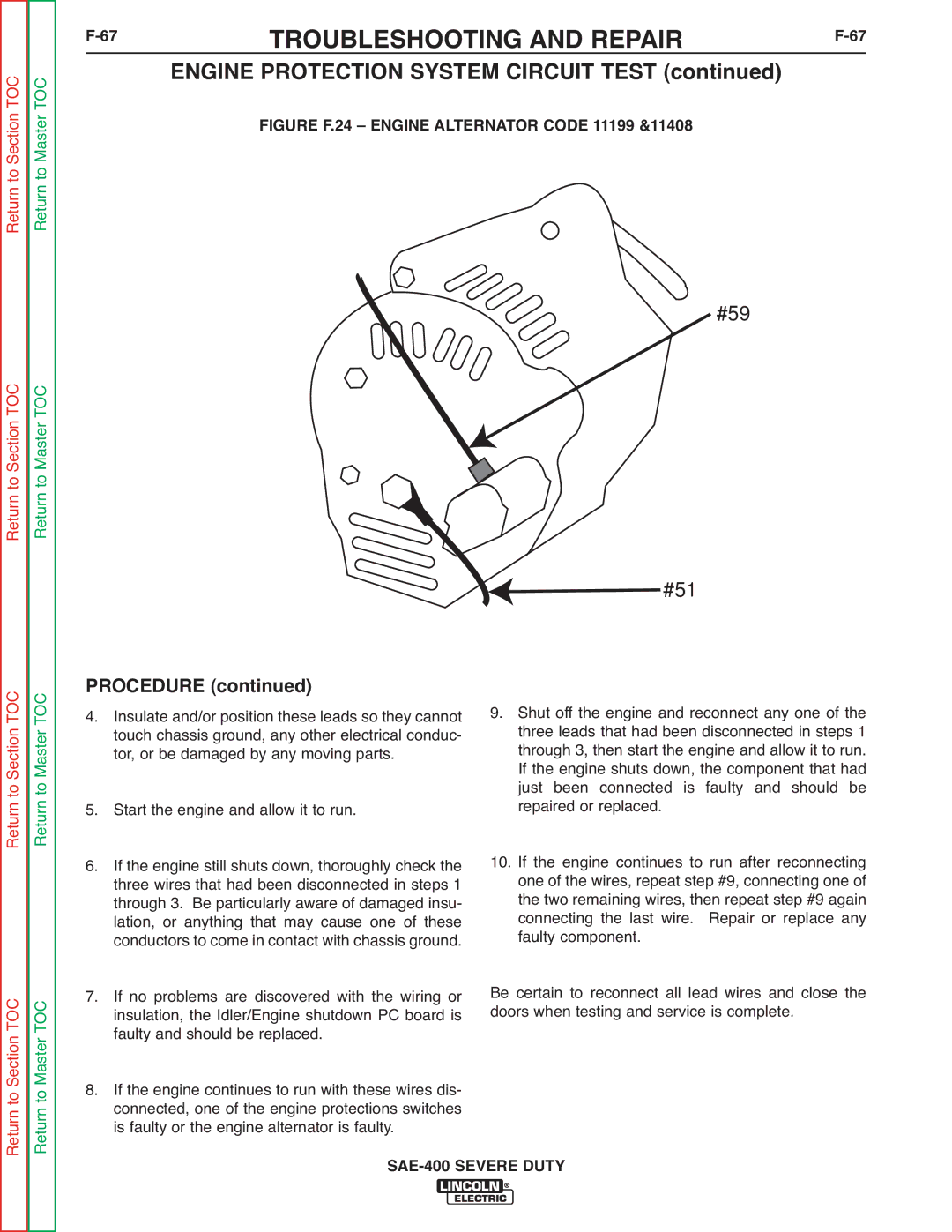 Lincoln Electric SVM187-A service manual 67TROUBLESHOOTING and Repair F-67, Figure F.24 Engine Alternator Code 11199 &11408 