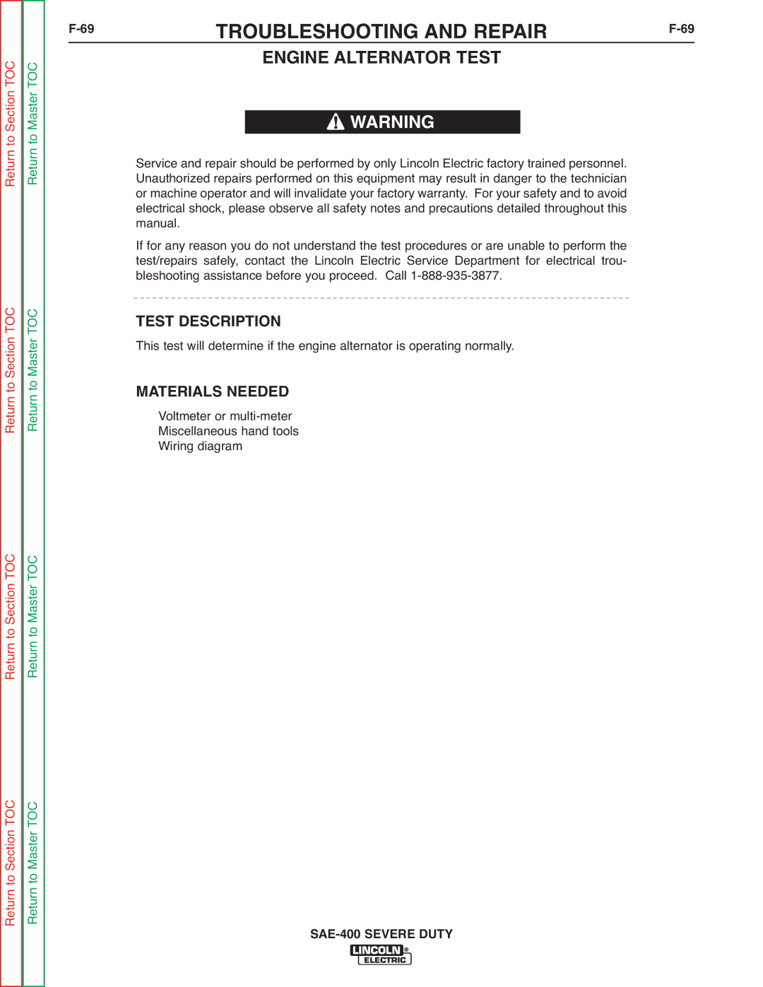 Lincoln Electric SVM187-A service manual Troubleshooting and Repair, Engine Alternator Test 