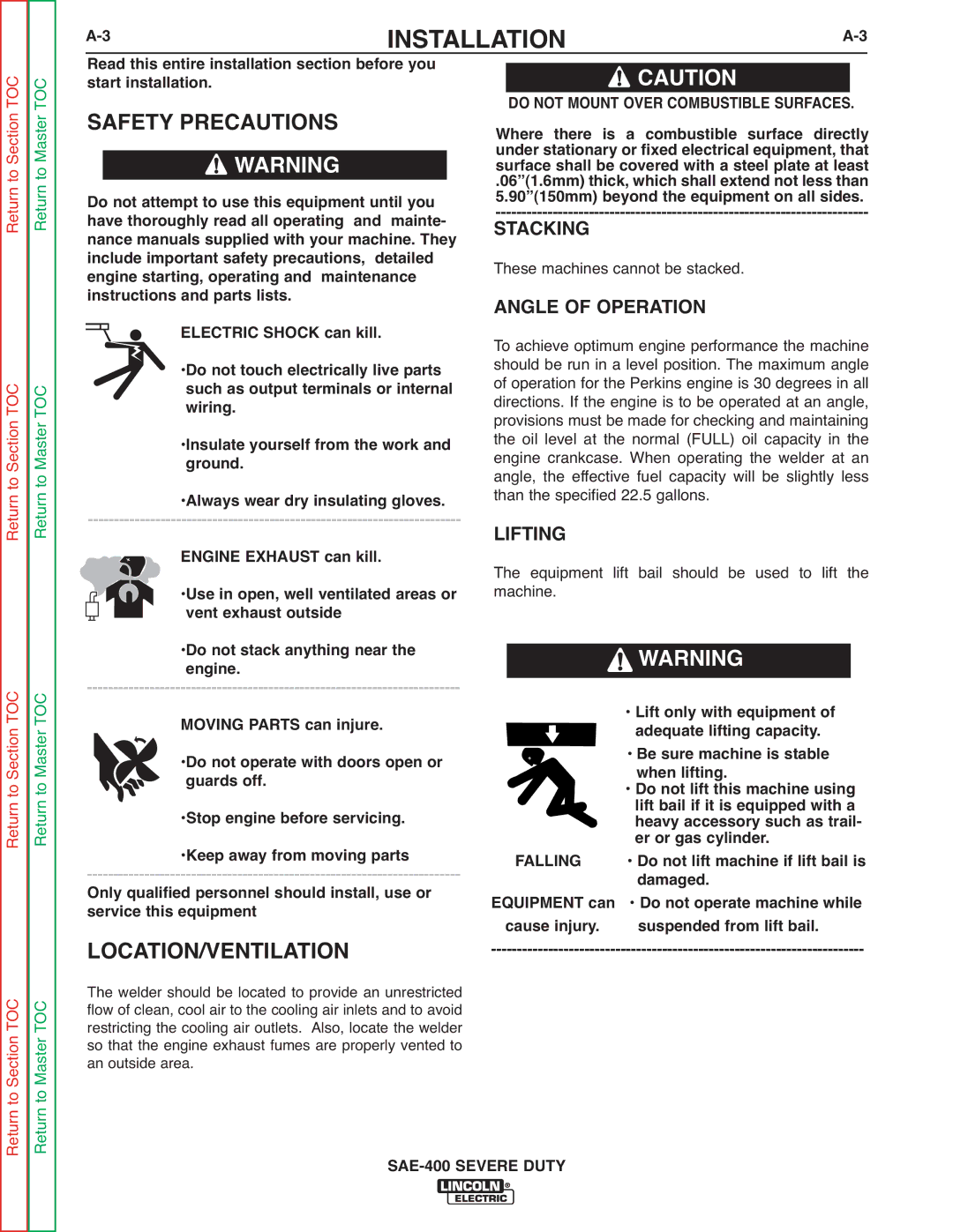 Lincoln Electric SVM187-A service manual Safety Precautions, Location/Ventilation, Stacking, Angle of Operation, Lifting 